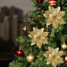 10pc Gold Christmas Tree Flower Decorations with Clips