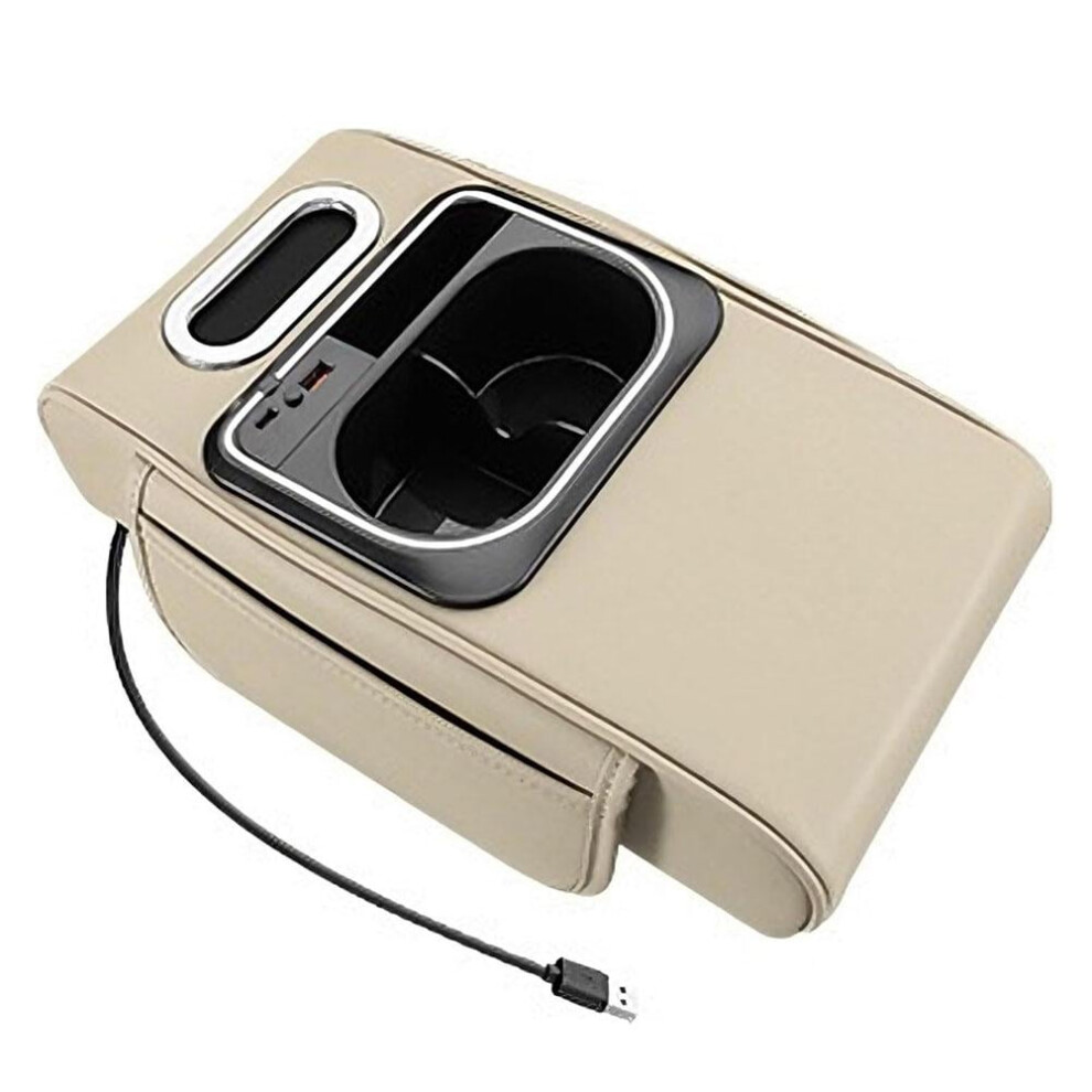 Universal Car Center Console Cover Â Pu Leather Armrest Box With Tissue Holder, Cup Holder, Ambient & Usb Port Light 9023022472151