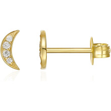 (Yellow Gold, Moon) Classic Elegant 14K Gold Plated Dainty Stud Earrings for Women - 925 Sterling Silver Posts Earrings with Cubic Zirconia