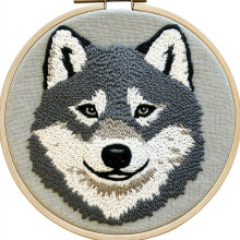 Cute Baby Wolf Punch Needle Kit for Beginners – DIY Embroidery Set with Printed Pattern, Hoop & Yarn (20x20cm), Compatible with Standard Punch Tools