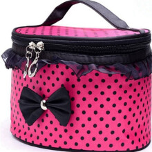 Trousse à maquillage à pois avec nœud, bordure à volants et poignée