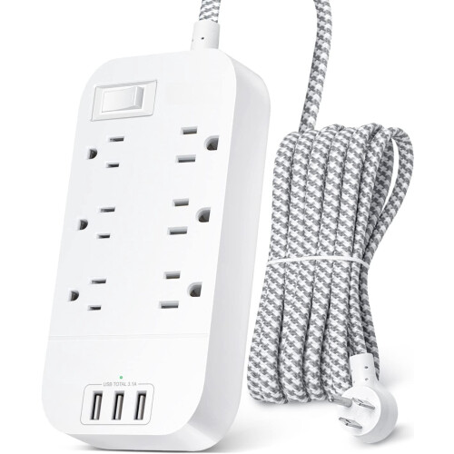 Prolunga da 3 metri con spina piatta, multipresa con 6 prese e 3 porte USB.