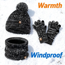 Winterstrickset für Kinder, grau, 3-teilig: Mütze, Halswärmer, Handschuhe