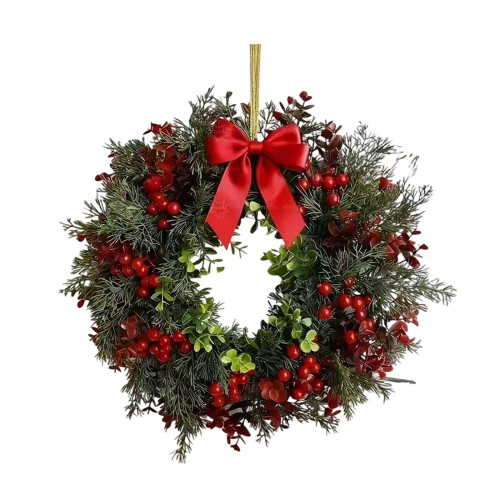Kunstig julekrans med bær og bånd