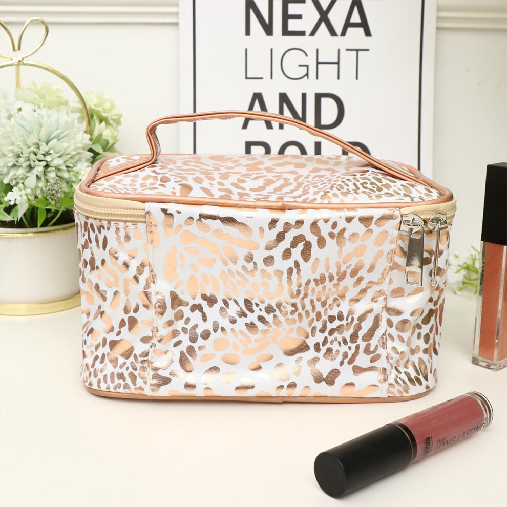 Golden Large Capacity Leopard Print Travel Makeup Bag Pu Cosmetic Organizer Case