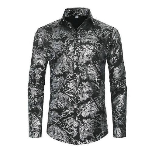 (S,Black)Men's Long-sleeved Button-down Casual Jacquard Shirt 1