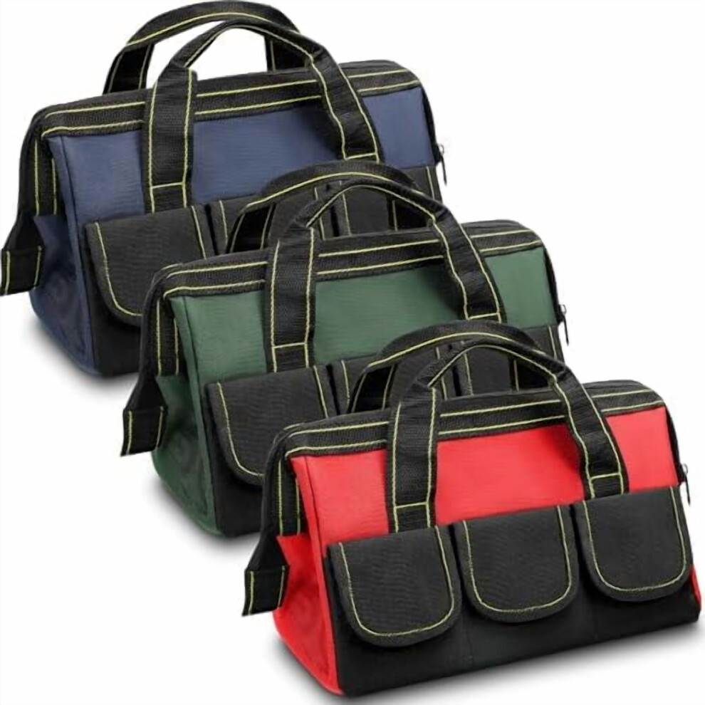 3-Pack Waterproof Tool Bag With Hard Bottom, Wide Mouth Tote For Electricians, Carpenters, Mechanics (18", Red/Army Green/Blue) 9336866632774
