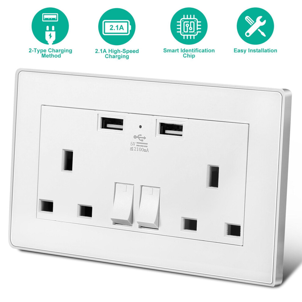 Uk Wall Outlet Dual Wall Plug Socket Duplex 2.1A Usb Wall Charger With Plug Switch Light Indicator 9178400064609