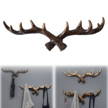 Porte-crochets mural vintage en bois de cerf – Brun rouille, 5 crochets