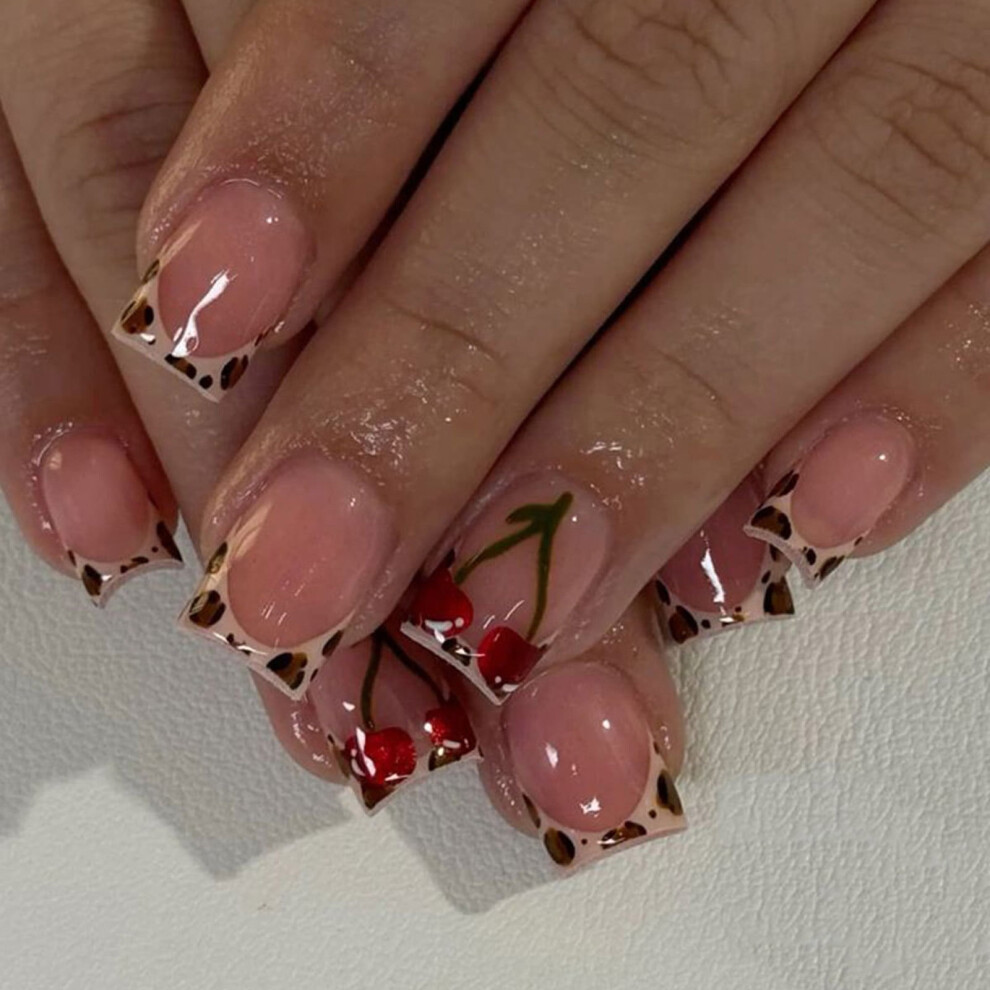 24 Pcs Fruit Artificial Nails French Tip Press On Nails Leopards Print On Nails Glossy False Nails for Party