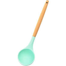 Soup Ladle, Round Silicone Bowl with Wooden Handle, Compatible with Korean Ramen & Japanese Cooking, Cyan