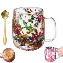 Dried Flower Double Wall Glass Mug with Handle, 15.2oz Borosilicate Coffee and Tea Cup with Spoon