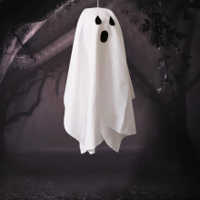 Halloweenská závěsná dekorace s duchem, bílá látka, 1 kus