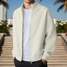 Winterbeige Rippstrick-Freizeitjacke mit Doppelreißverschluss, Größe XXXL
