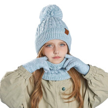 Adorable Cartoon 3-Pc Set: Hat, Scarf & Gloves for Kids 3-10 – Fleece-Lined, Warm, Skin-Friendly, Light Blue