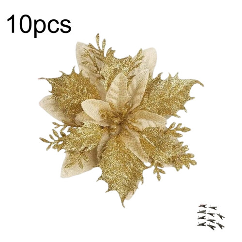 10pc Gold Christmas Tree Flower Decorations with Clips 2