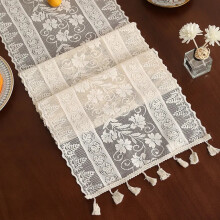 Beige Lace Table Runner Vintage Table Cloth Crochet Lace Cotton Blended Fabric with Tassel Table Dining Wedding Decor