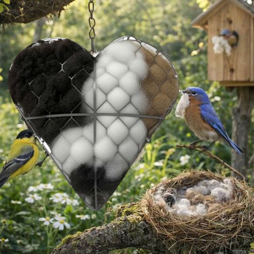 Handmade Fiber Bird Nesting Heart – Refillable, Natural