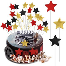 Conjunto de 36 peças de enfeites para bolo com tema de noite de cinema – Estrelas de argila douradas.