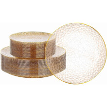 Lot de 60 assiettes jetables en plastique doré transparent (30 assiettes plates + 30 assiettes à dessert), effet martelé et paillettes, idéales