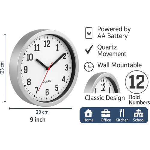 Wall Clock 9" Silent Non Ticking Decorative Modern Quartz Clocks Round Wall Clock Battery Operated 2