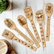 6-Piece Bamboo Cooking Utensil Set with Cat & Floral
