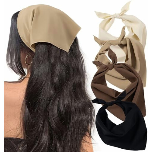 Conjunto de 4 lenços de cabeça triangulares com amarração e 2 grampos de cabelo.