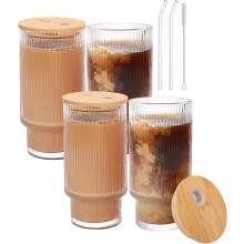 Rebrované sklenené poháre so slamkami 16 oz, balenie 4 ks