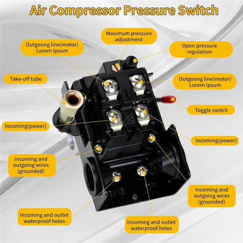 Interruptor de Pressão para Compressor de Ar LF10-4H, NPT1/4, 95-125 PSI, 20A, 4 Portas 2