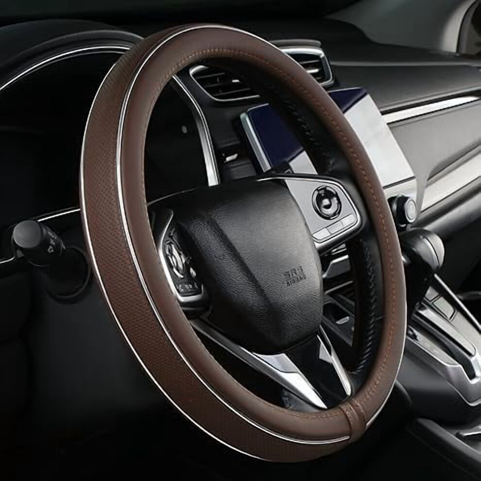 Leather Steering Wheel Cover 15 Inch Universal Brown 971050543178