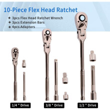Jeu de 10 Clés à Cliquet à Tête Flexible, Clés à Cliquet Pivotantes à Entraînement 1/4", 3/8" et 1/2", Rallonge et Adaptateur 4 Pièces