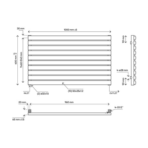 Blyss Designer Radiator White Horizontal Steel Wall Mounted (H)60x(W)100cm 1