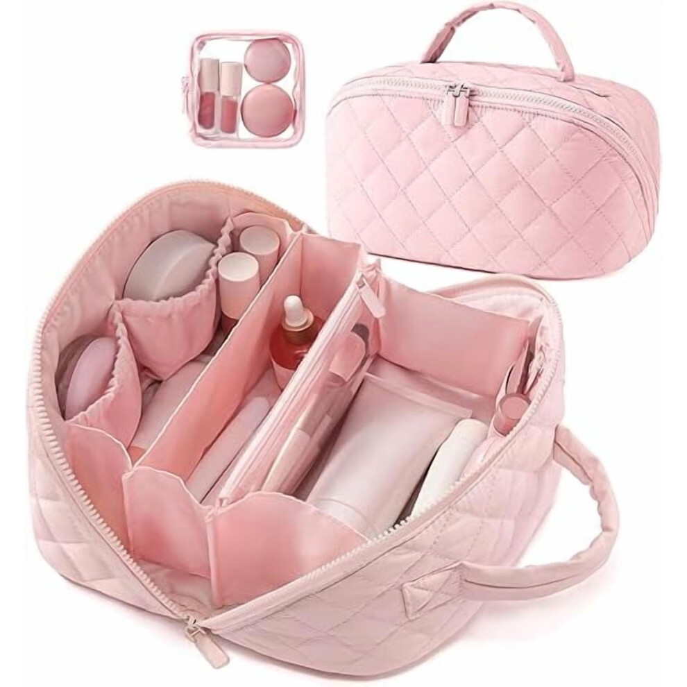 Pink Makeup Bag For Women, Wide 180 Lay-Flat Water-Resistant Cosmetic Case With Compartments Â Compatible With Toiletries & Brushes