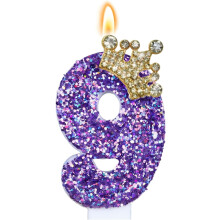 Purple Glitter Number Candle with Gold Crown, 3.5 in