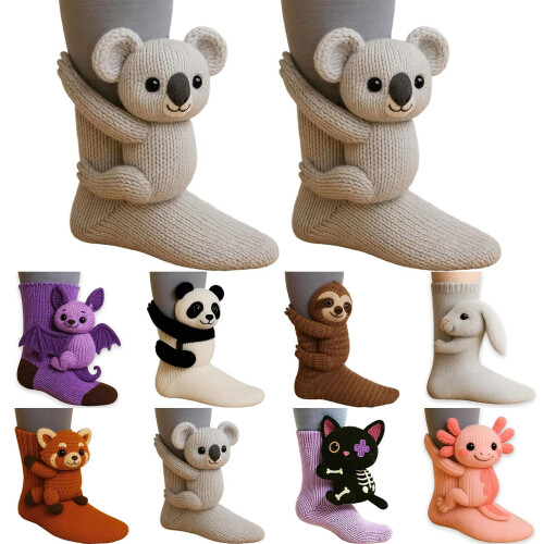 3D-Stricksocken mit Tiermotiven, hellgrau, Unisex, Paar