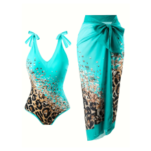 Maillot de bain deux pièces pour femme, imprimé léopard, avec doublure en résille bleue