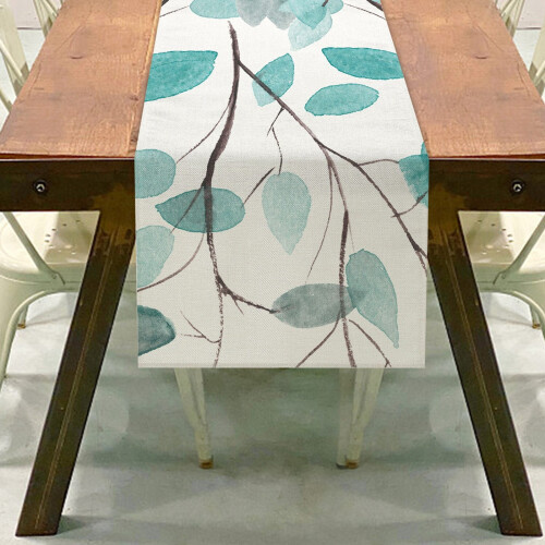 Linen Tablecloth Summer Leaves Print Green 1