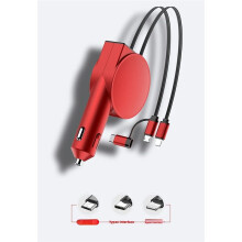 3 in 1 60W Car Charger Adapter Telescopic Cord Dual Port Two Retractable Cables LED Voltmeter for Cellphone A Black