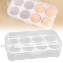 Contenedor de plástico transparente para huevos con 8 compartimentos y asa.