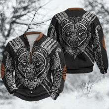 Pullover mit nordischer Mythologie und halbem Reißverschluss am Kragen
