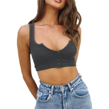Sleeveless Shirt Women's Bodycon Slim Fitted Scoop Neck Ribbed Tank Top With Button Design Breathable Fabric For Beach Vacation And Party Wear