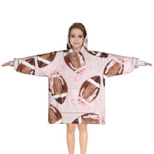 Pink Footballs with Bows Pattern Blanket Hoodies for Kids 6-13YR Oversize Wearable Blanket Hoodies for Boys Girls Teens