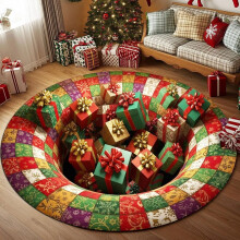 Tapis rond de Noël 3D – Motif sapin et bonhomme de neige
