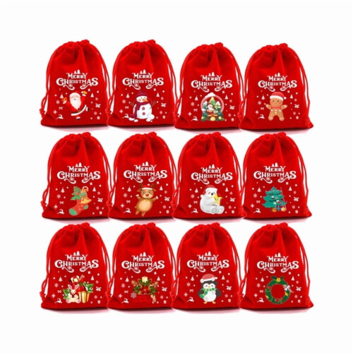 12 sacs à cordon de Noël en peluche