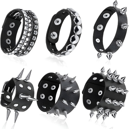 Conjunto de 6 pulseiras de couro com tachas estilo punk