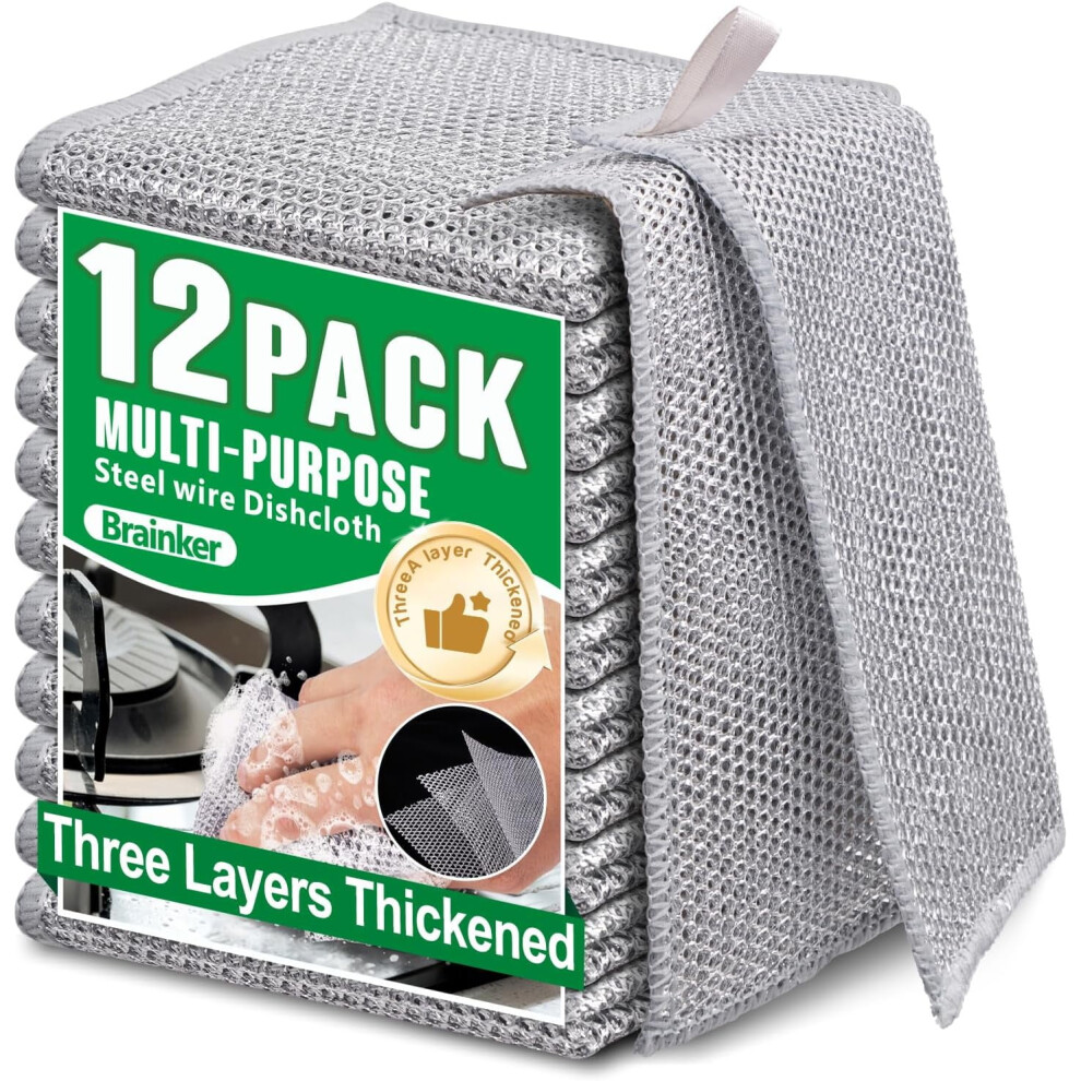 12Pcs Non-Scratch Wire Dishcloths, 3-Layer Reusable Steel Wool Cleaning Cloths Compatible With Kitchen, Furniture & Office 9178400125478