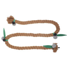 Poleiro para pássaros em corda de algodão com base de madeira e metal.