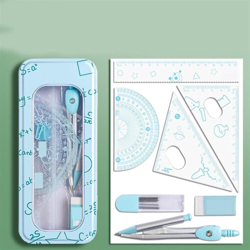 8-Pc Geometry Compass Set with Ruler, Protractor & Pencils – School Math Stationery Under $5, Compatible with Classroom Use