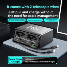 210W 6 in 1 Charging Station with Retractable USB-C Cable Fast Charger for Tablet PC Phones Multiple Devices EU Plug