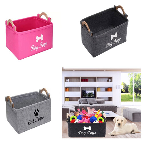 (Gray)Folding Pet Felt Toy Storage Box Dog Basket Wooden Handle Large Size Square 1